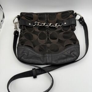 COACH Black Signature Jacquard Leather‎ Trim Chain Crossbody Shoulder Bag